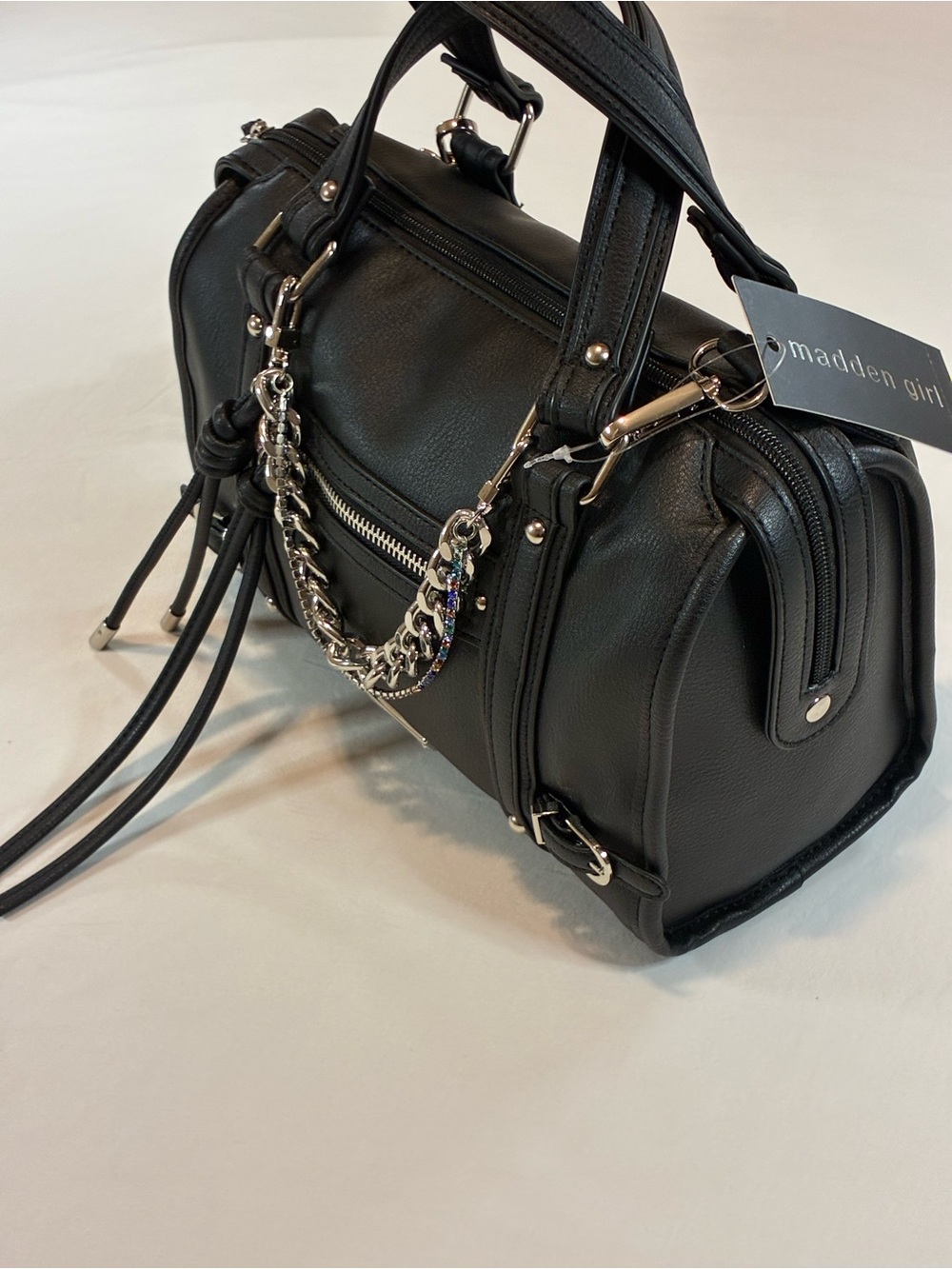 Madden Girl Black Faux-Leather Crossbody Satchel with Chain & Tassels - Picture 5 of 12